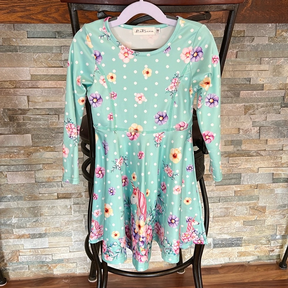 🆑FINAL PRICE‼️ Girls blue polka dot floral and unicorn long sleeve dress
